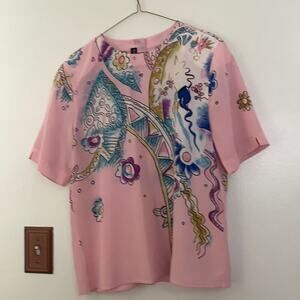 LOUIS FERAUD FLORAL SHORT SLEEVE BUTTON DOWN BACK BLOUSE SIZE 6‎